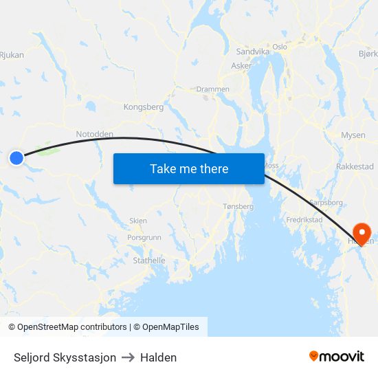 Seljord Skysstasjon to Halden map