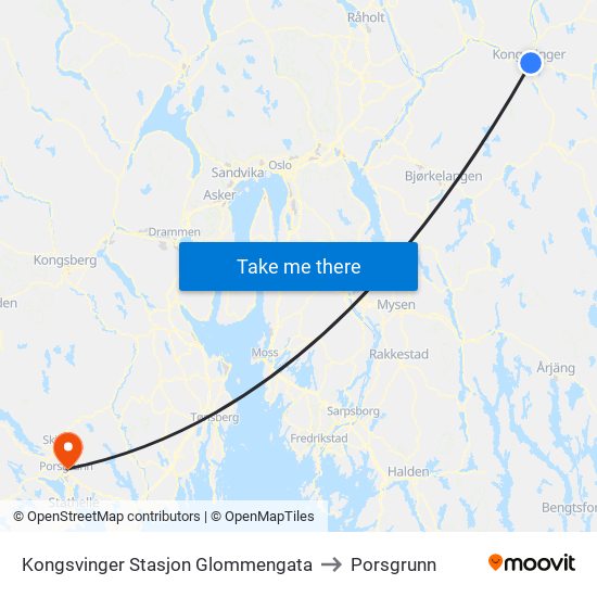 Kongsvinger Stasjon Glommengata to Porsgrunn map