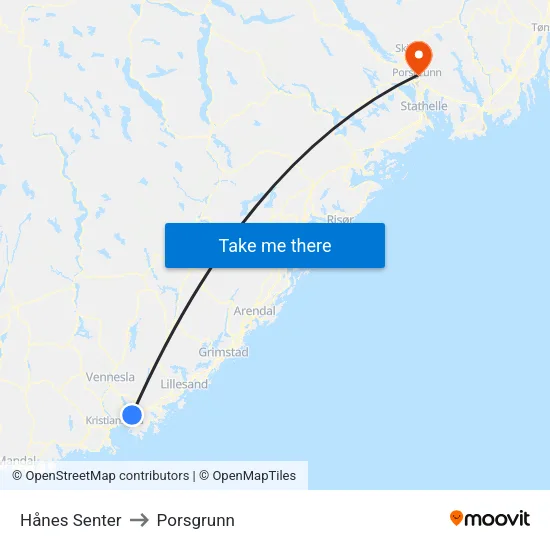 Hånes Senter to Porsgrunn map