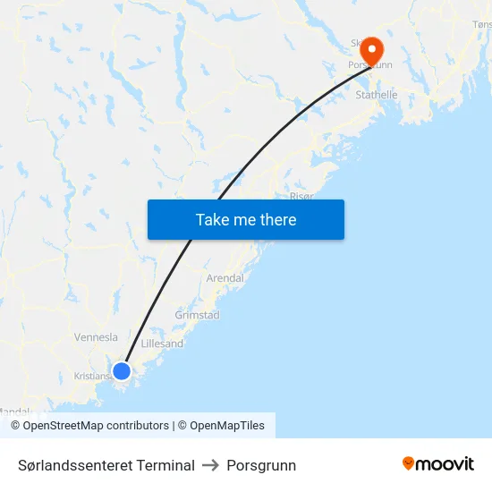 Sørlandssenteret Terminal to Porsgrunn map