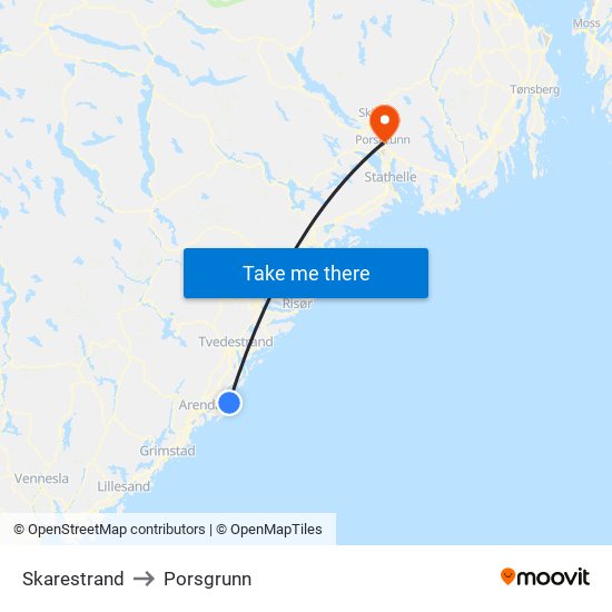 Skarestrand to Porsgrunn map