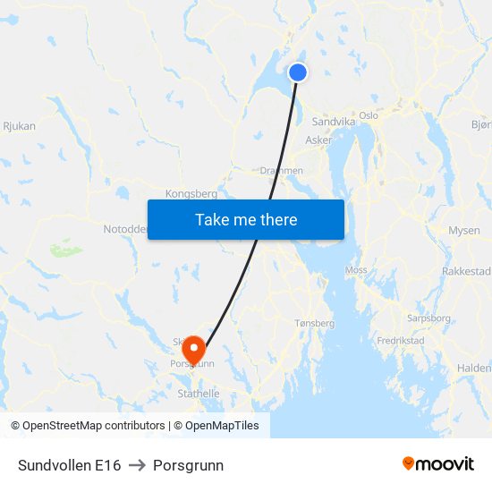 Sundvollen E16 to Porsgrunn map