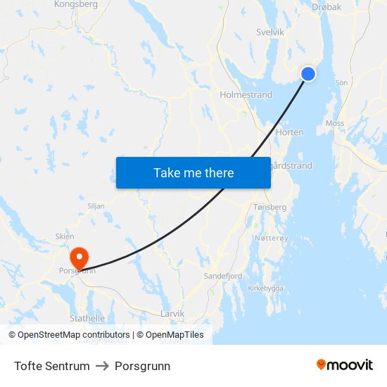 Tofte Sentrum to Porsgrunn map