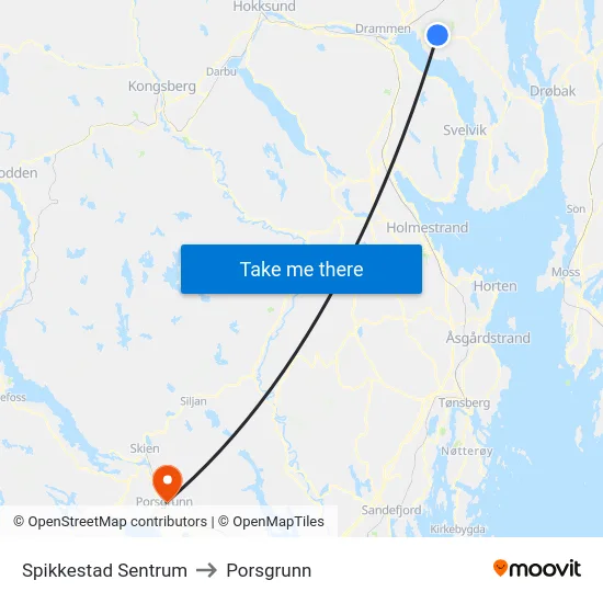 Spikkestad Sentrum to Porsgrunn map