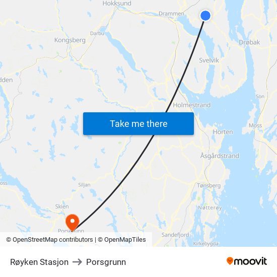 Røyken Stasjon to Porsgrunn map