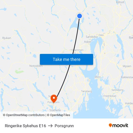 Ringerike Sykehus E16 to Porsgrunn map