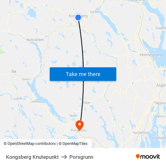 Kongsberg Knutepunkt to Porsgrunn map