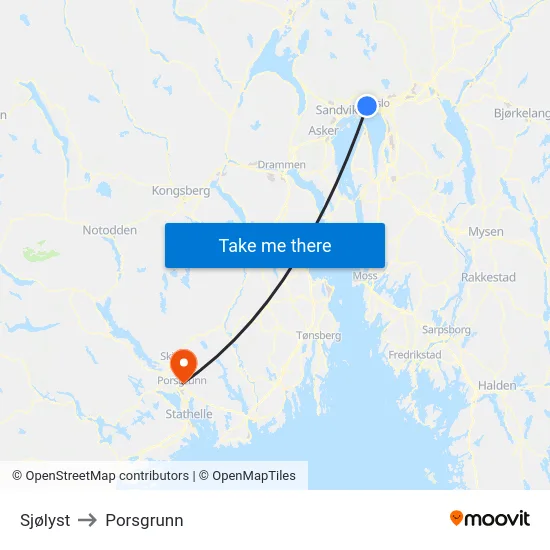 Sjølyst to Porsgrunn map