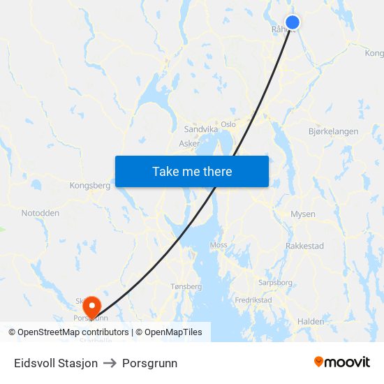 Eidsvoll Stasjon to Porsgrunn map