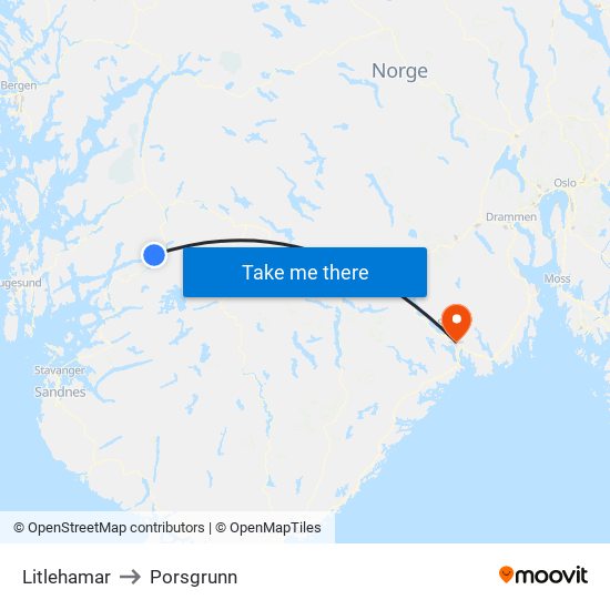 Litlehamar to Porsgrunn map