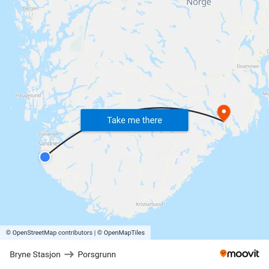 Bryne Stasjon to Porsgrunn map