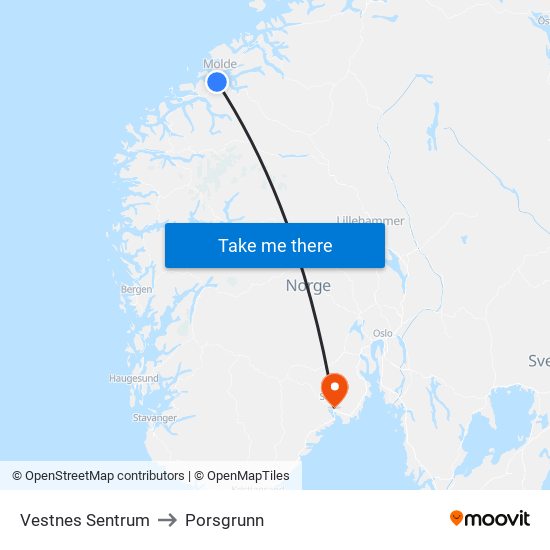 Vestnes Sentrum to Porsgrunn map