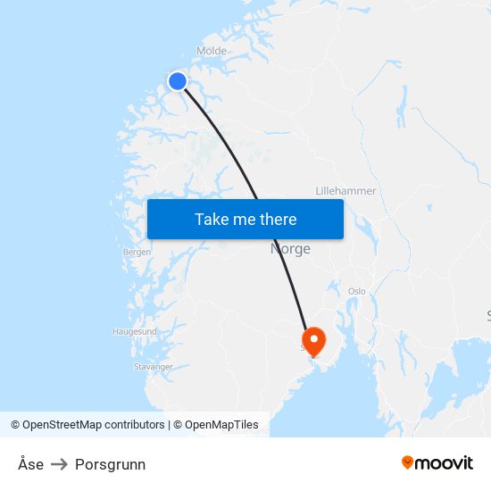 Åse to Porsgrunn map