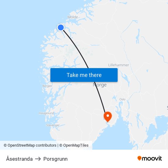 Åsestranda to Porsgrunn map