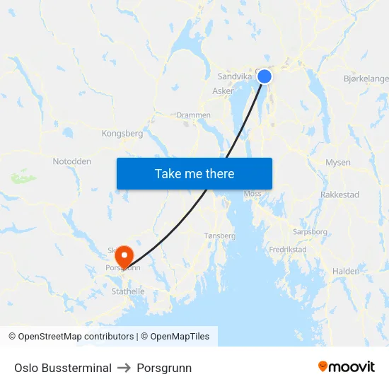 Oslo Bussterminal to Porsgrunn map