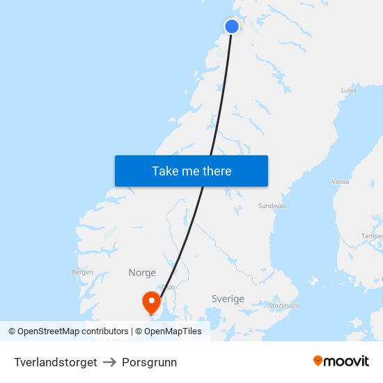 Tverlandstorget to Porsgrunn map