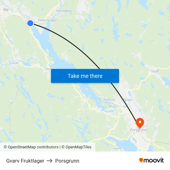Gvarv Fruktlager to Porsgrunn map