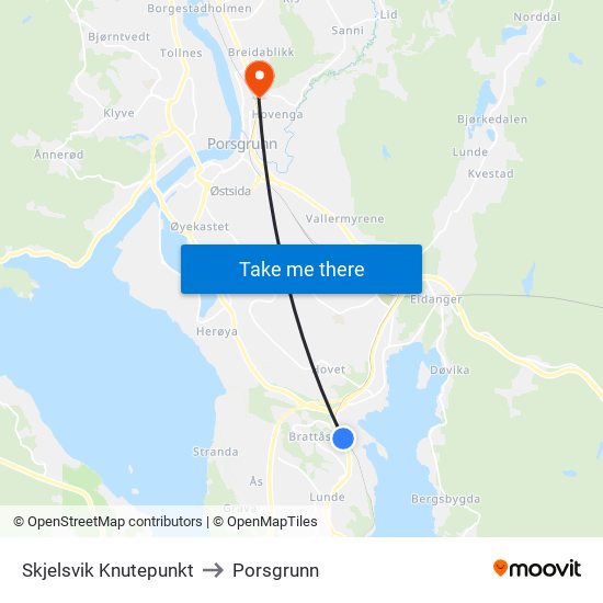 Skjelsvik Knutepunkt to Porsgrunn map