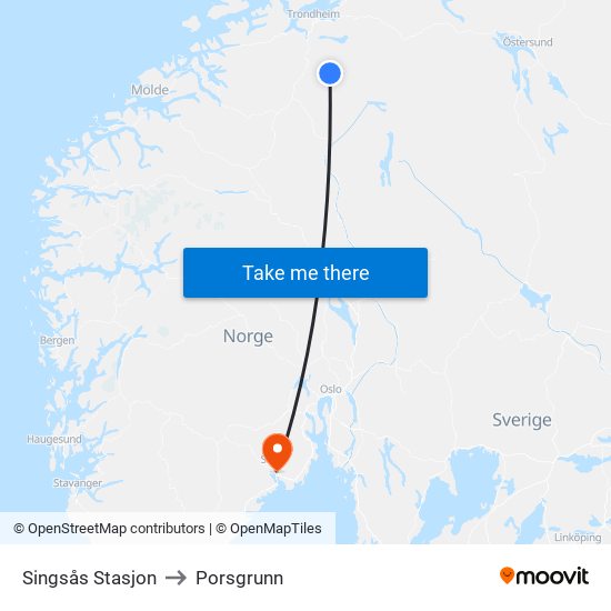 Singsås Stasjon to Porsgrunn map
