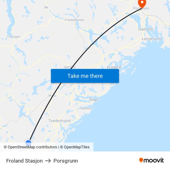 Froland Stasjon to Porsgrunn map
