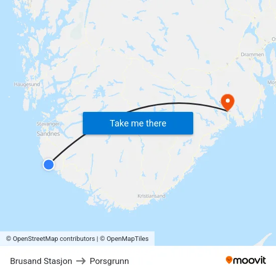 Brusand Stasjon to Porsgrunn map