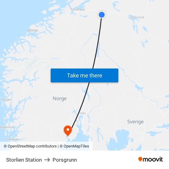 Storlien Station to Porsgrunn map