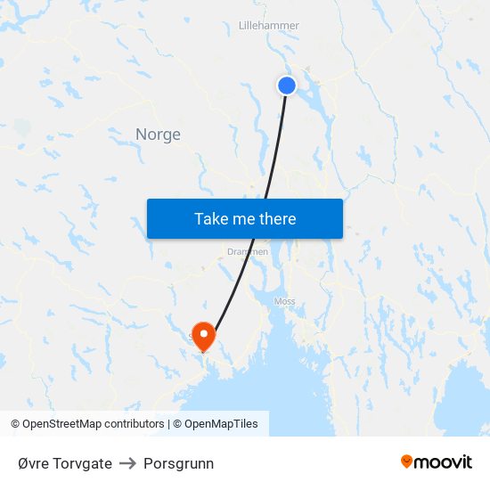 Øvre Torvgate to Porsgrunn map