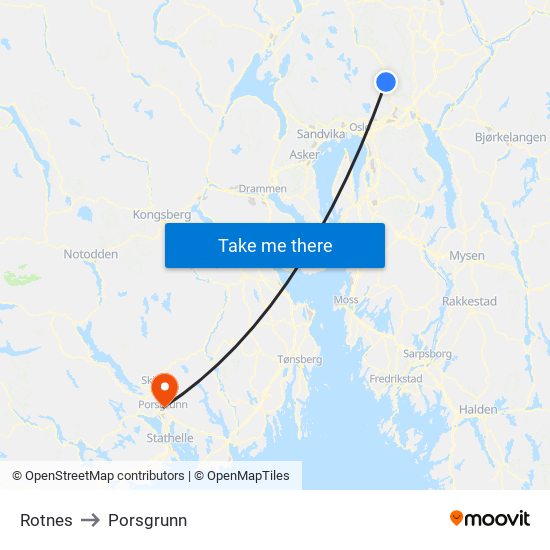 Rotnes to Porsgrunn map