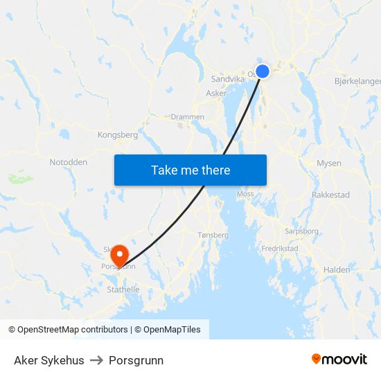 Aker Sykehus to Porsgrunn map