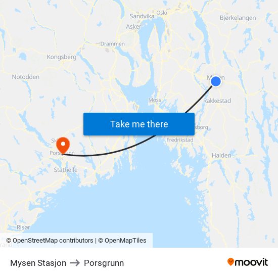 Mysen Stasjon to Porsgrunn map