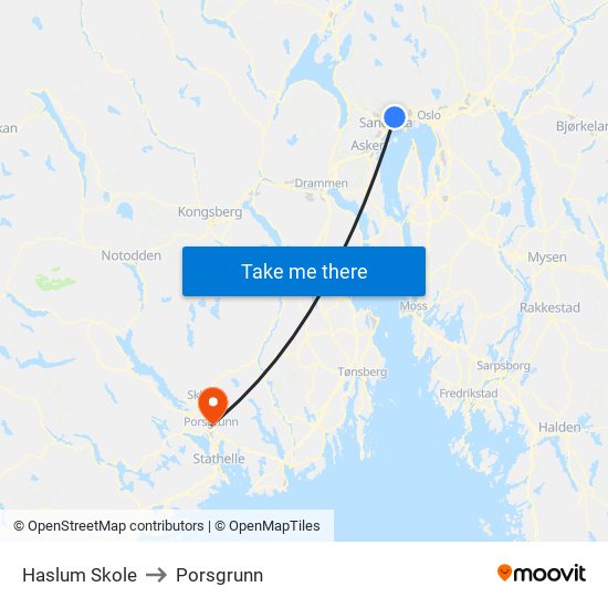 Haslum Skole to Porsgrunn map
