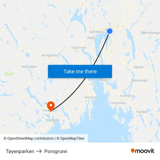 Tøyenparken to Porsgrunn map