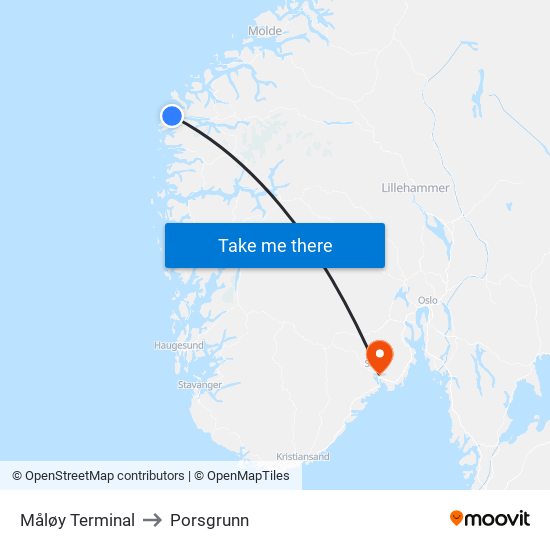 Måløy Terminal to Porsgrunn map