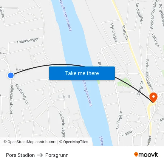 Pors Stadion to Porsgrunn map