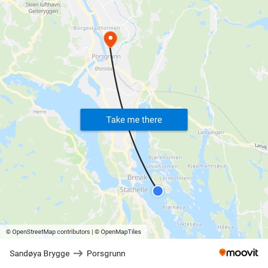 Sandøya Brygge to Porsgrunn map