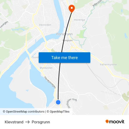 Klevstrand to Porsgrunn map