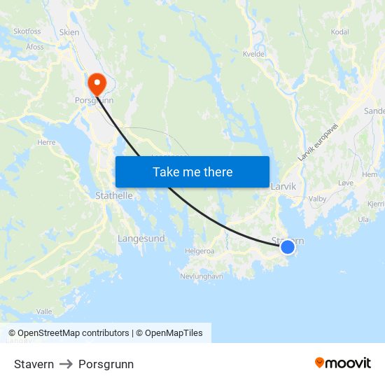 Stavern to Porsgrunn map