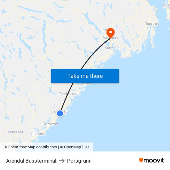 Arendal Bussterminal to Porsgrunn map