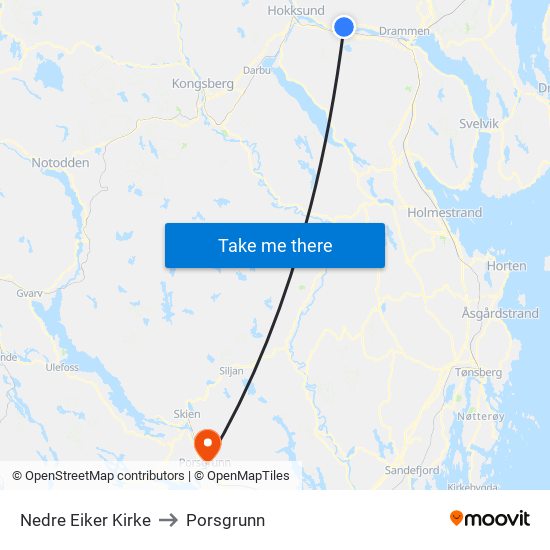 Nedre Eiker Kirke to Porsgrunn map