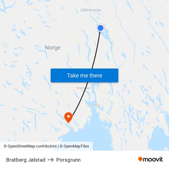 Bratberg Jølstad to Porsgrunn map