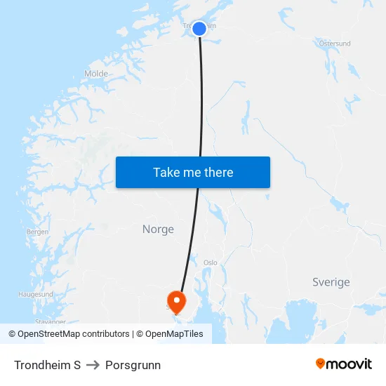 Trondheim S to Porsgrunn map