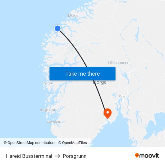 Hareid Bussterminal to Porsgrunn map