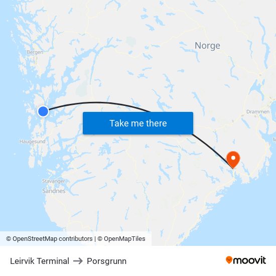 Leirvik Terminal to Porsgrunn map