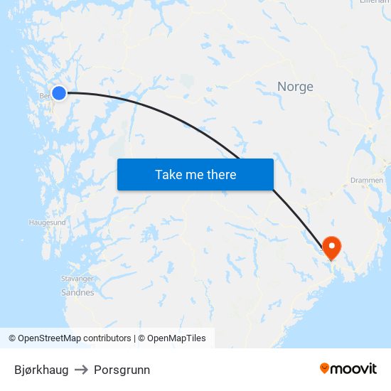 Bjørkhaug to Porsgrunn map