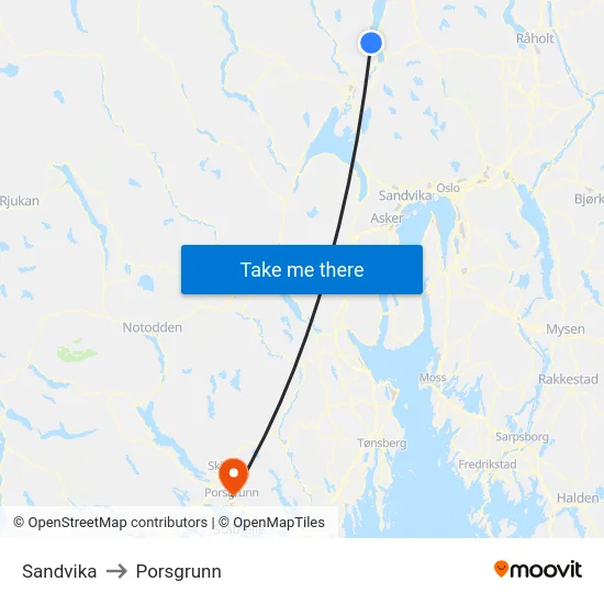 Sandvika to Porsgrunn map