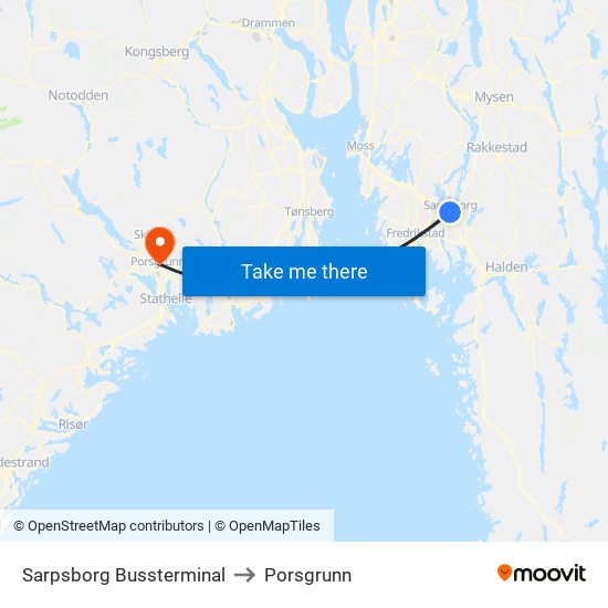 Sarpsborg Bussterminal to Porsgrunn map