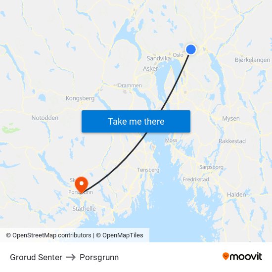 Grorud Senter to Porsgrunn map