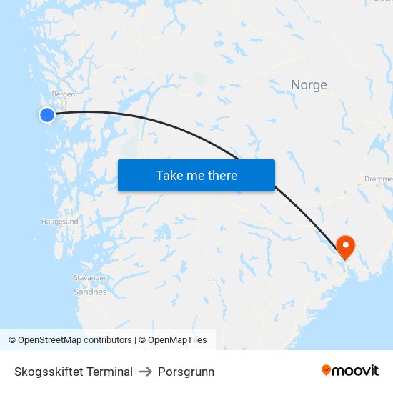 Skogsskiftet Terminal to Porsgrunn map