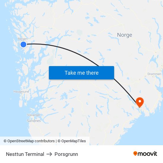 Nesttun Terminal to Porsgrunn map