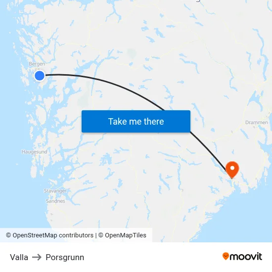 Valla to Porsgrunn map